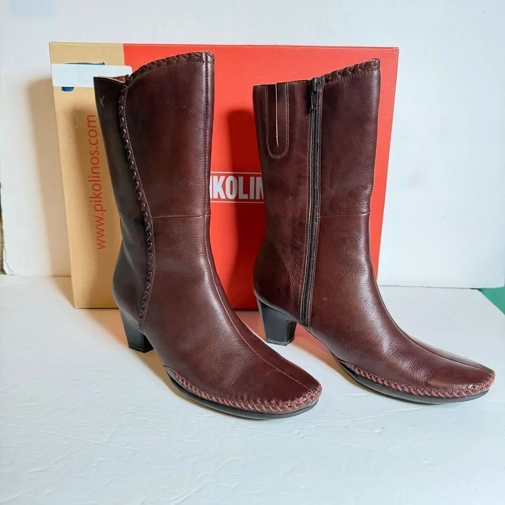 Pikolinos Zurich Mid Boots Brown Leather Whipstitch Zip Women's EU 37 US 6.5